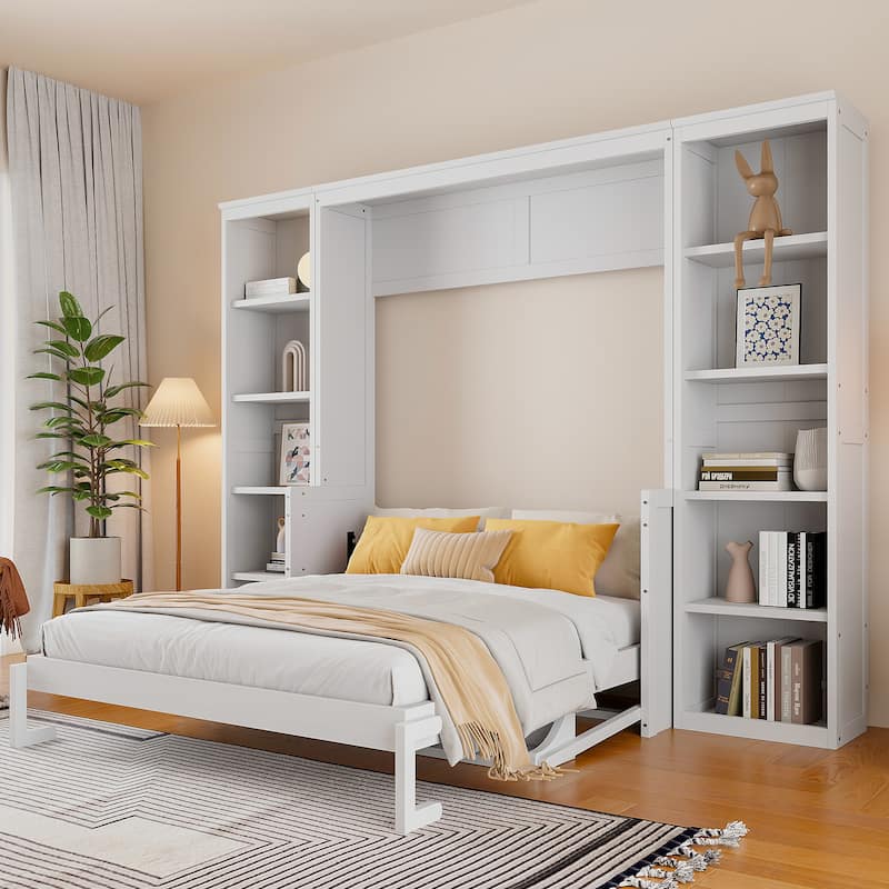 Large Murphy Bed, Wood Folding Wall Bed with Desk and Bookshelf