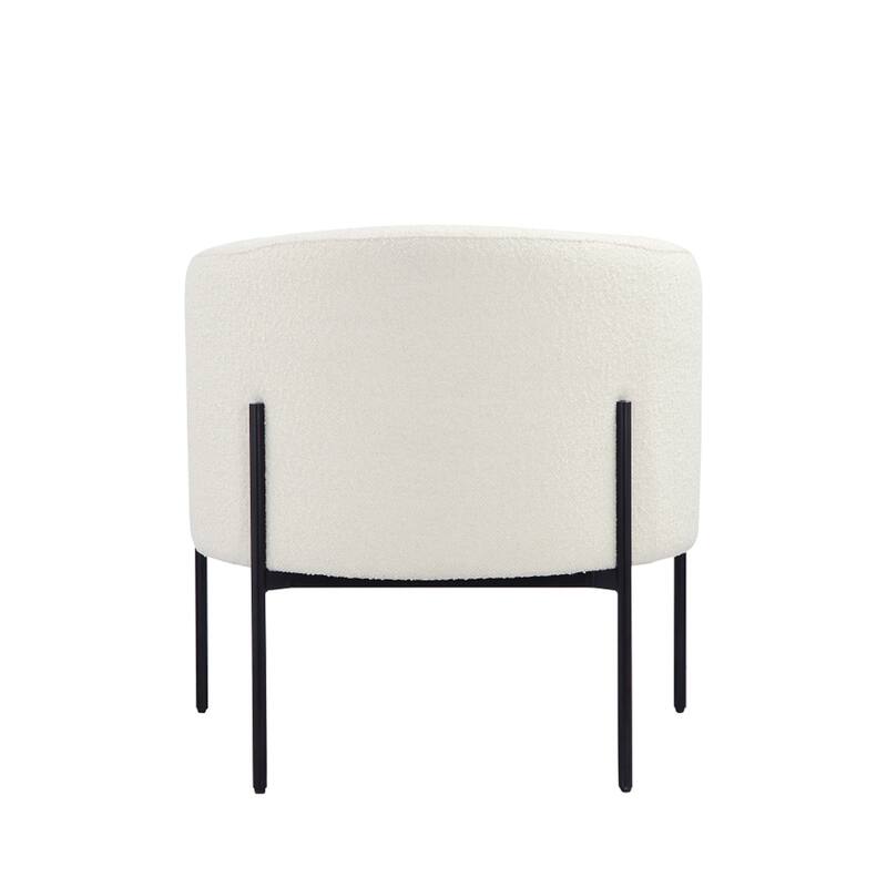 Mae 29 Inch Accent Armchair, Barrel, White Boucle Upholstery, Black Metal
