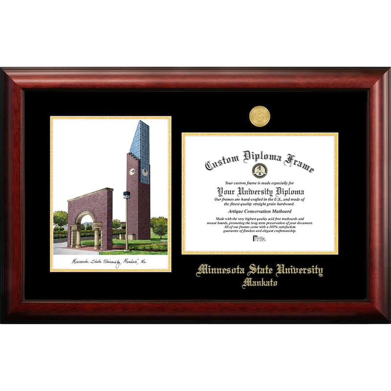 Minnesota State University, Mankato 11w x 8.5h Gold Embossed Diploma Frame with Campus Images Lithograph