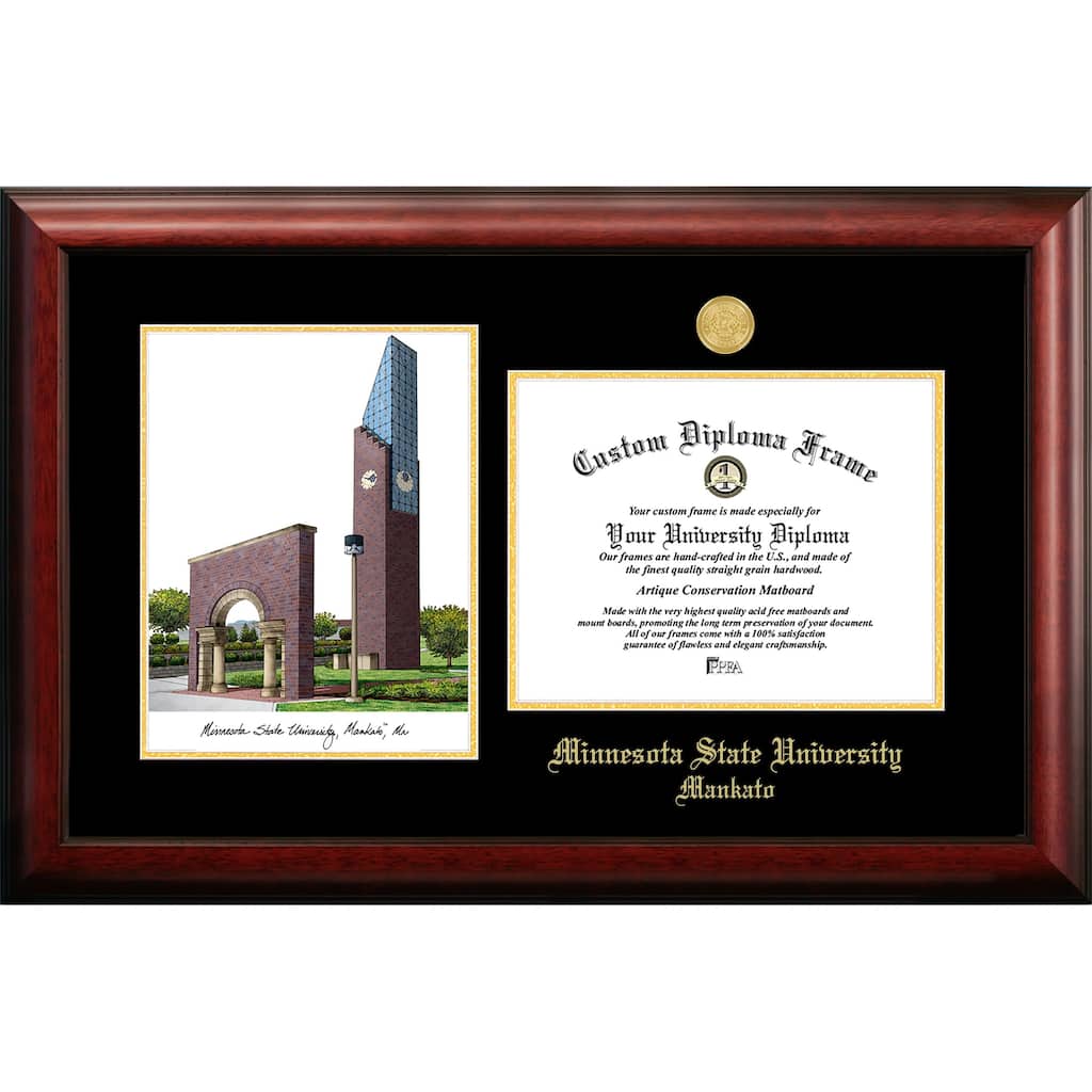Minnesota State University, Mankato 11w x 8.5h Gold Embossed Diploma Frame with Campus Images Lithograph