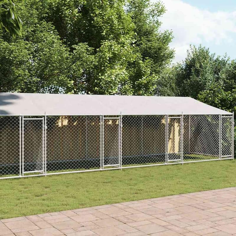 vidaXL Dog Cage Grey Galvanized Steel. Water-resistant Fabric Extra Large - 393.7" x 78.7"x 78.7" - 5 doors
