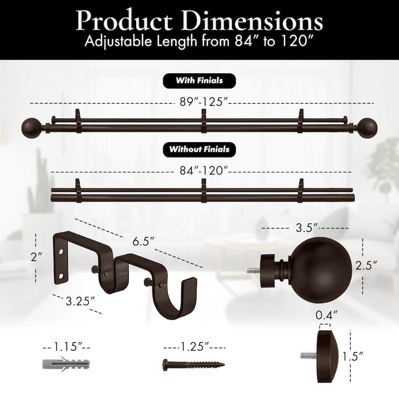 Meriville 1-Inch Diameter Steel Ball Double Window Curtain Rod with End Cap finial