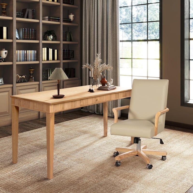 Dumont Modern Farmhouse Top Grain Leather Swivel Office Desk Chair - Neutral Cream Beige Leather