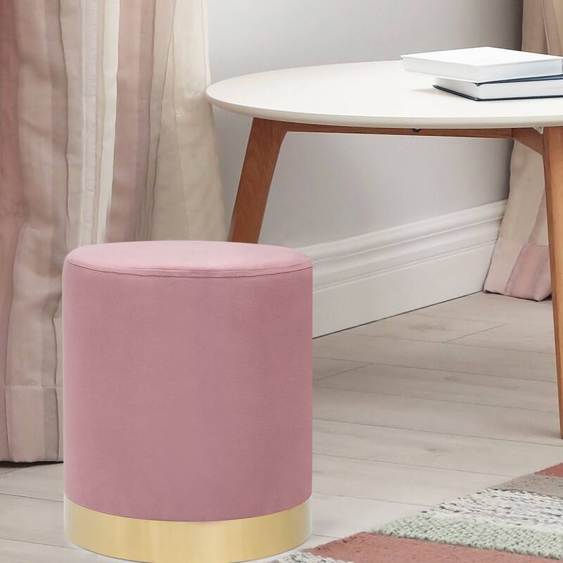 Adeco Round Ottoman Footstool Velvet Padded Vanity Stool Gold Trim - Pink