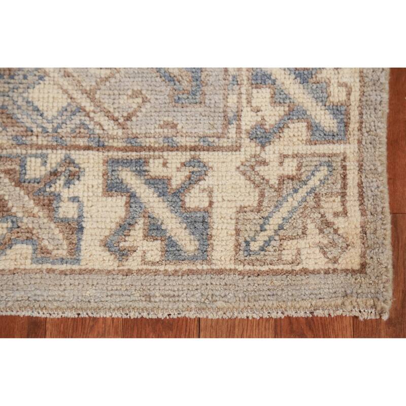 Hand Knotted Oriental 100% Wool Carpet Transitional Geometric Beige & Ivories Oushak Runner Rug - 11' 7'' X 3' 1''