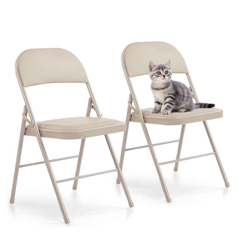 Folding Chairs with Padded Seats - PU Leather Foldable Chair for Home and Office, Indoor and Outdoor Events - Set of 2 - Kahki