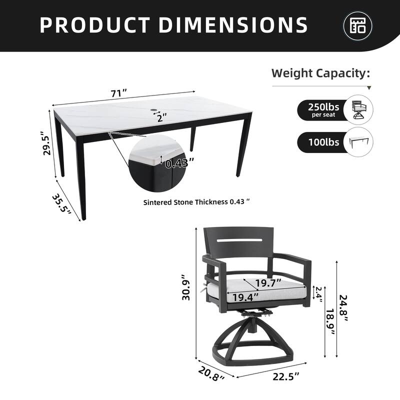 Modern 7-Piece Patio Dining Set - 35.5"x71" Greek Marble Sintered Table with 6 Swivel Rockers, Ember Black