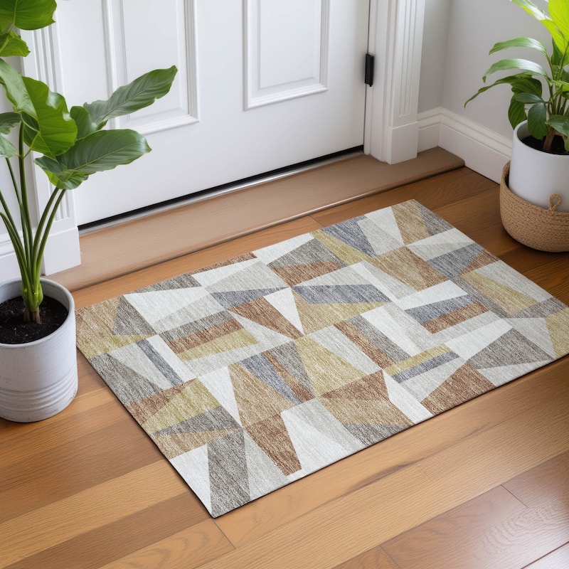 Machine Washable Indoor/ Outdoor Contemporry Mosaic Chantille Rug