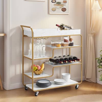 Mobile Bar Cart on Wheels,6-Tier Bar Bar Serving Carts with Wine Rack and Glass Holder for Kitchen,Gold - N/A