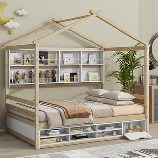 Natural Full Size House Bed with Roof Frame, Bedside-shelves, and Under Bed Storage Unit