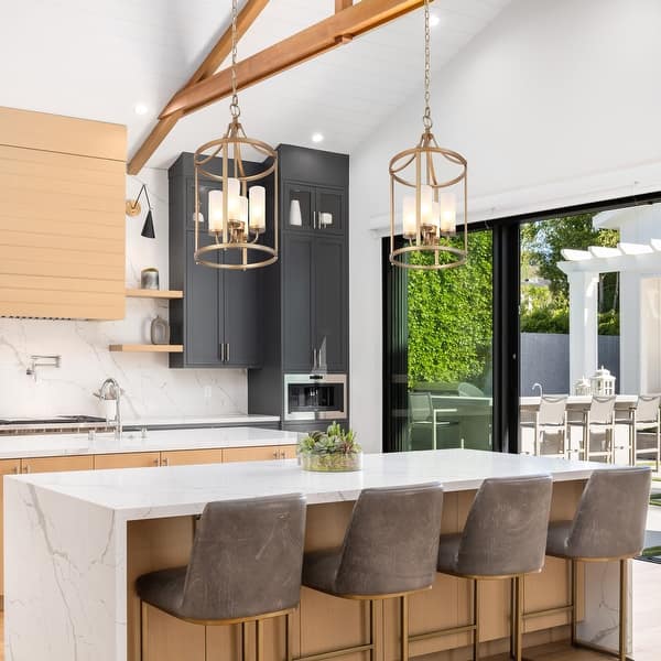 slide 2 of 16, Mid-century Modern Gold 4-Light Chandelier Lantern Pendant Light for Kitchen Island - 12" D x 23" H