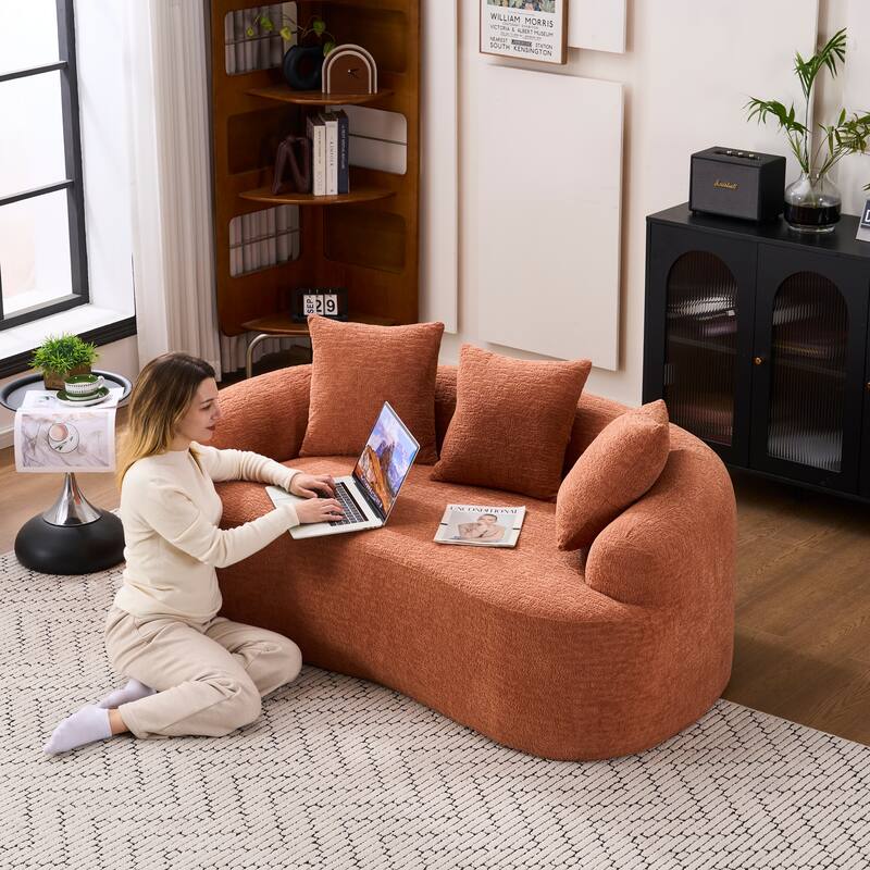 Chenille Deep Seat Loveseat Sofa, Full Compression Sponge Curved Loveseat Sofa, Cloud Floor Couch with 3 Pillows