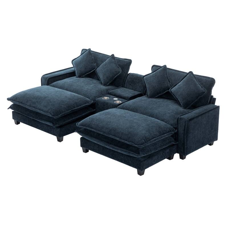 112.6 "Chenille Upholstered Sofa, Two Removable Ottomans, Two USB Ports