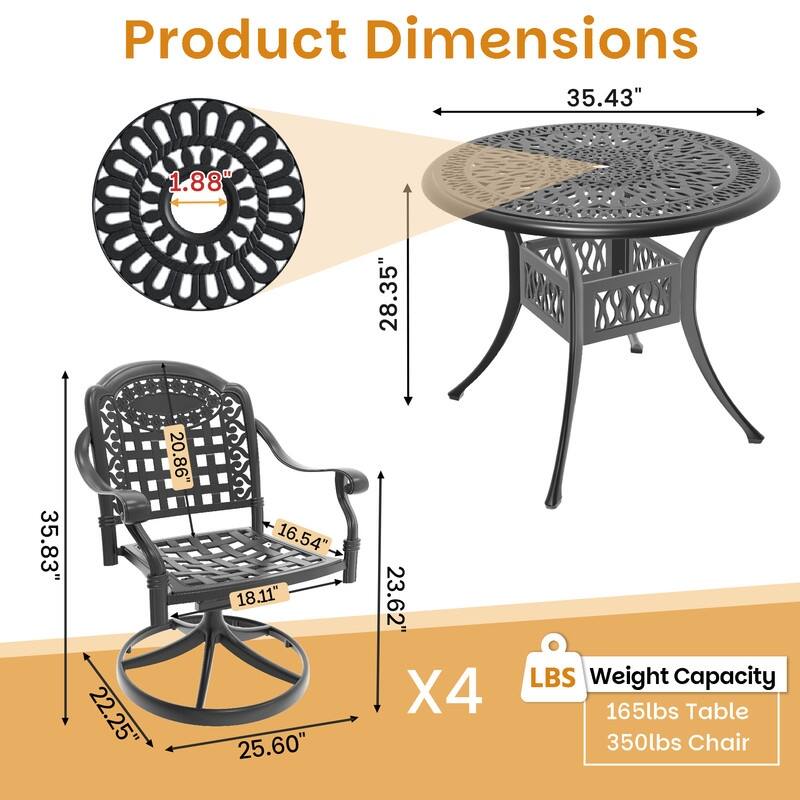 5-Piece Aluminum Round Outdoor Patio Dining Set, 4 Cushioned Swivel Chairs, Table, All-Weather Frames