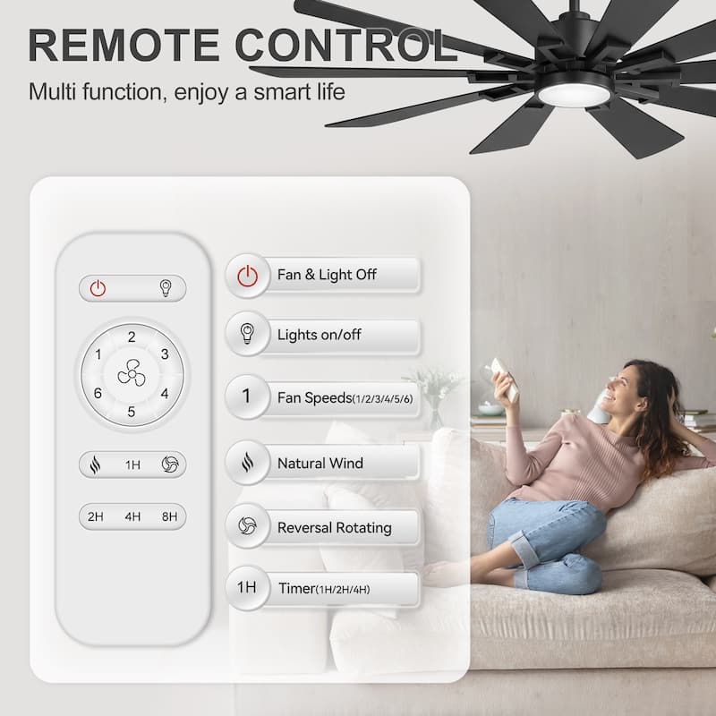 62/72-Inch Reversible 10-Blade Large Ceiling Fan with Light and Remote