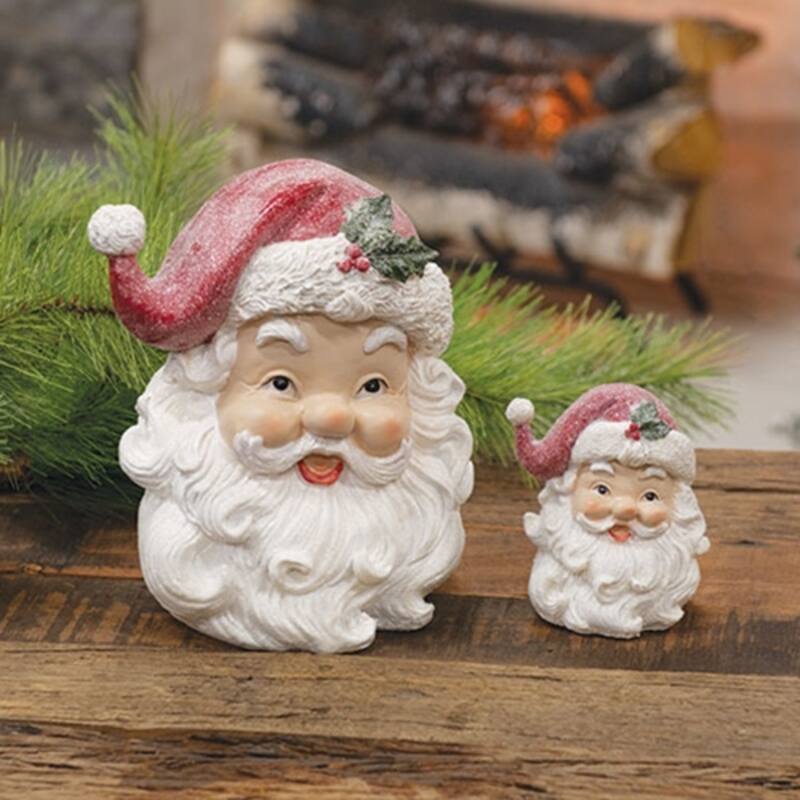 Set of 2 White Beige Red Resin Glitter Retro Santa Head Sitter with Festive Hat and Holly - 6.5 x 5.5 in