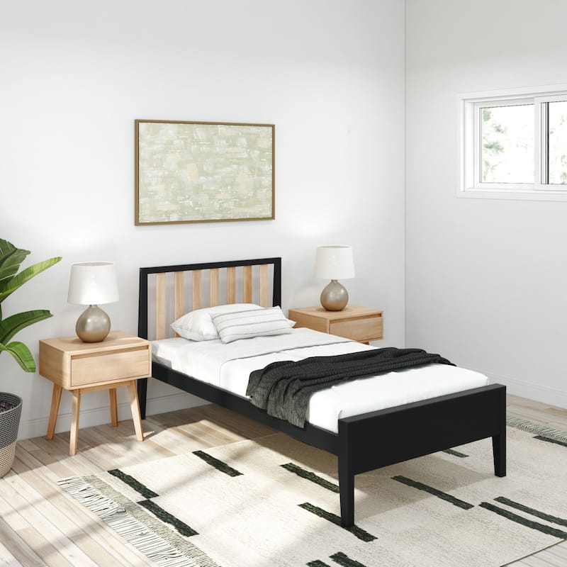 Plank and Beam Scandinavian Twin Size Bed with Slatted Headboard - Black/Blonde