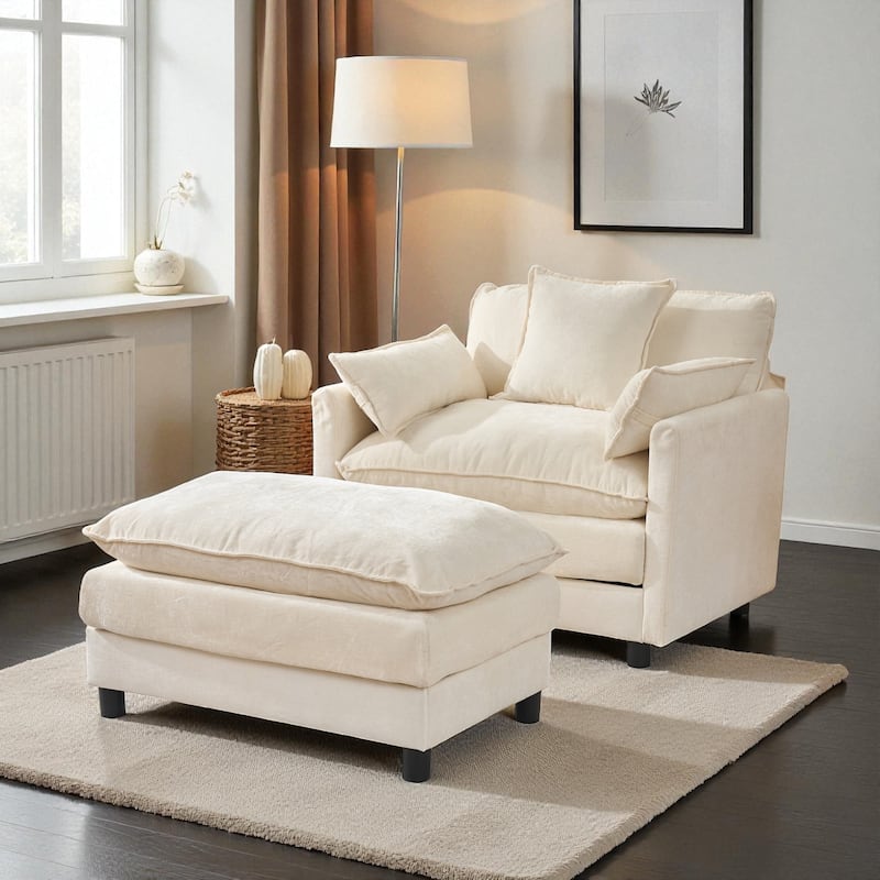 Modern Chenille Accent Chair with Ottoman, Oversized Upholstered Armchair for Living Room & Bedroom Reading