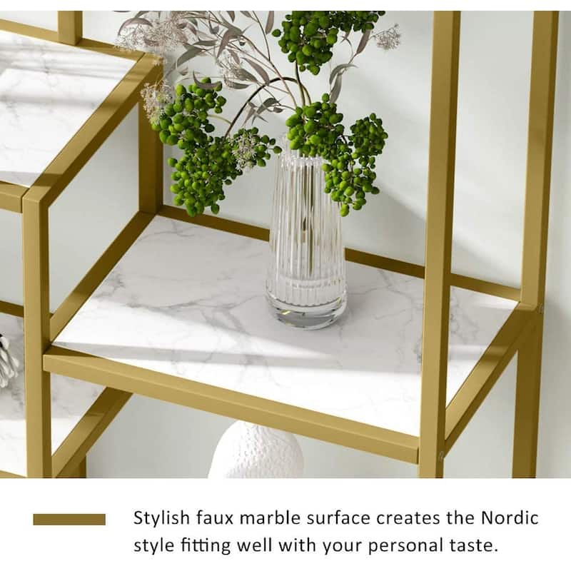 Etagere Bookcase 8 Tier Bookshelf with Gold Metal Frame and White Faux Marble Board for Home office, Living Room