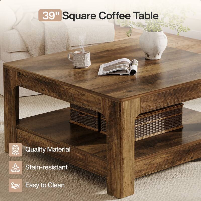 Farmhouse Wooden Square Coffee Table with 2-Tier Storage