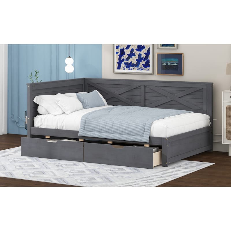 Grey Twin Size Wood Daybed with Two Drawers and Rustic Guardrail for Bedroom