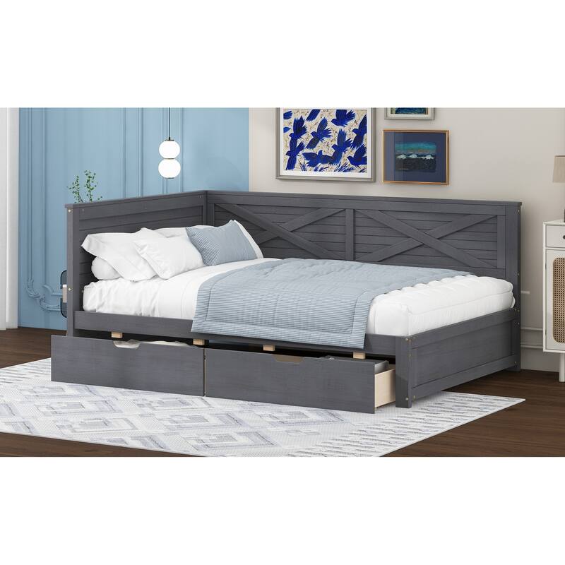 Twin Size Wood Daybed with Two Drawers and Rustic Guardrail for Bedroom
