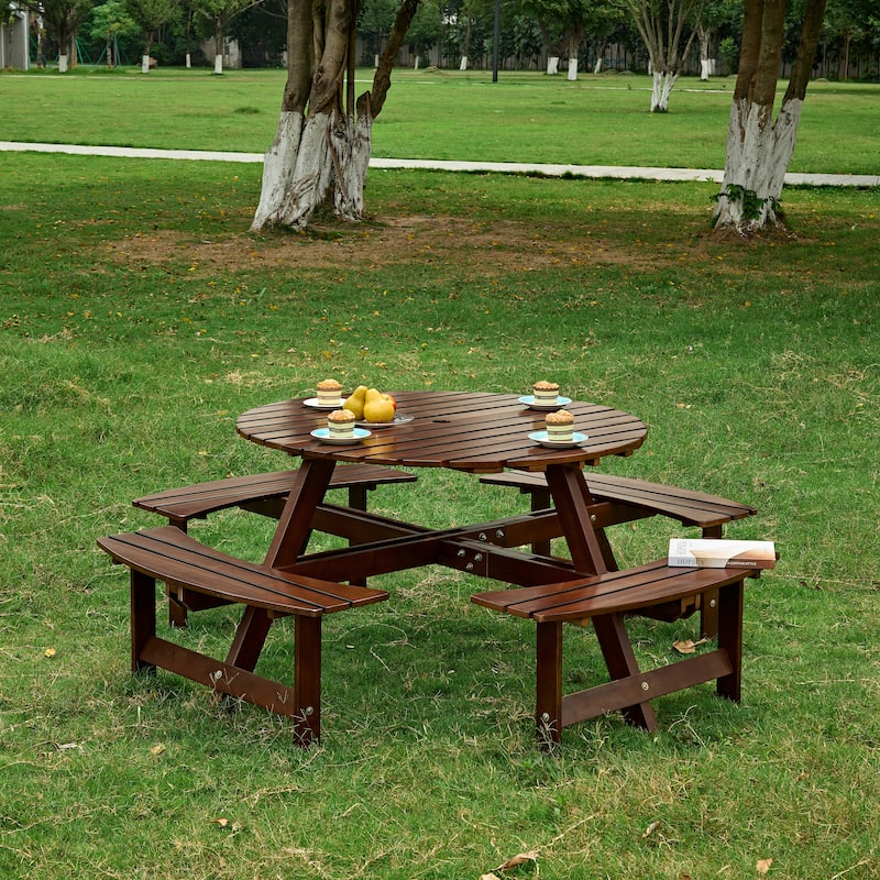 8 Person Outdoor Round Picnic Table with 4 Built in Benches and Umbrella Hole - Brown