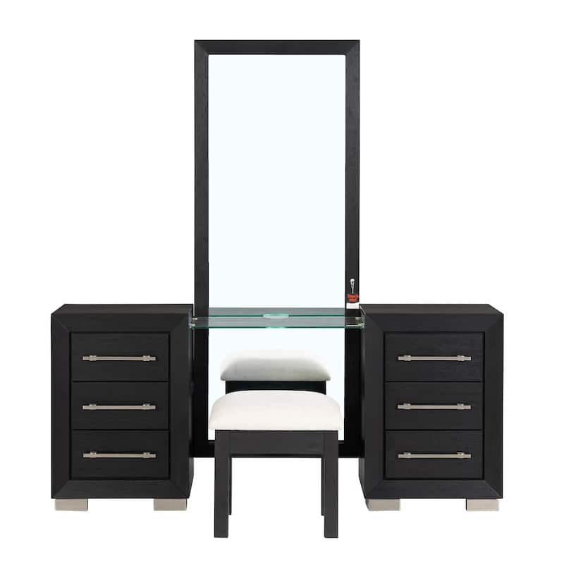Furniture of America Alaric Modern Black Solid Wood 69-inch Makeup Vanity, Dresser and 2 Nightstands Bedroom Set