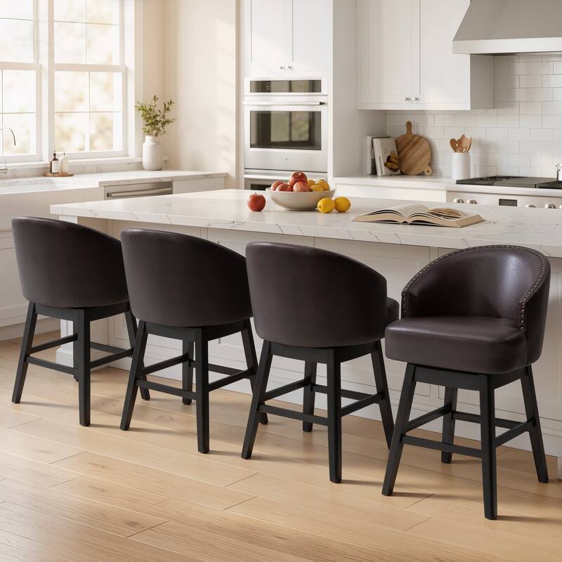 26.4''/31.9"H Faux Leather Upholstered Solid Wood Swivel Bar Stools / Counter Stools - Set of 4 - 26.6''Coffee - Counter Height