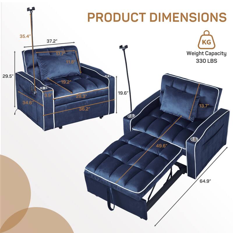 37 in. W 3-in-1 Convertible Chair Bed Suede Pull Out Twin Size Sofa Bed with USB Ports, Cup & Phone Holder