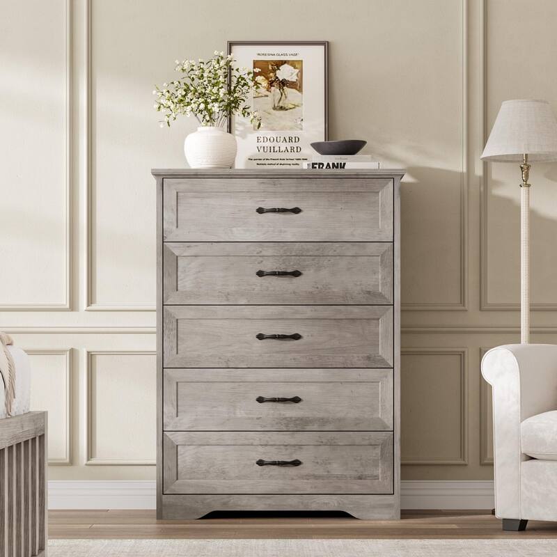 5/6 Drawers Dresser for Bedroom,Chest of Drawers with Wide Metal Handle,Farmhouse Modern Wooden Dresser - Grey - 5-drawer
