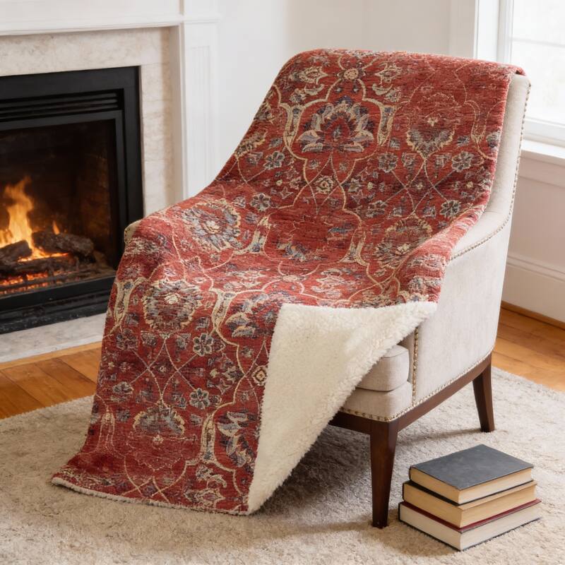 HomeRoots 50" X 70" Red Pewter And Beige Damask Microfiber Plush Throw Blanket - Throw - Beige/Pewter/Red