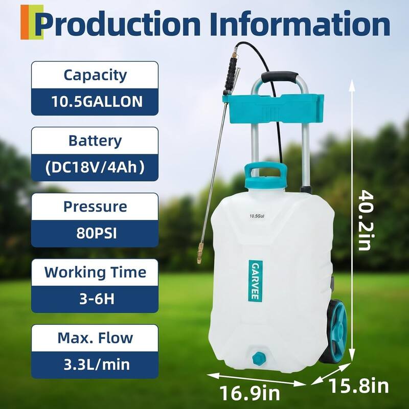 10.5 Gallons Battery Powered Backpack Sprayer with Wheeled Cart, 6 Nozzles & 2 Wands - N/A