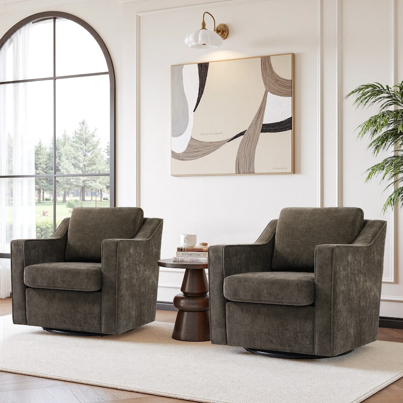 Chenille/Leather Swivel Barrel Chair(Set of 2) Modern Club Chair by UIXE - Chenille - Light Coffee