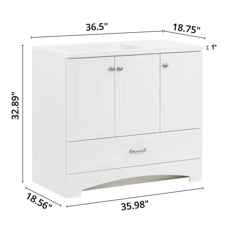 Spring Mill Cabinets Emlyn 36.5" Bathroom Vanity With Shelves, Drawer, and White Sink Top