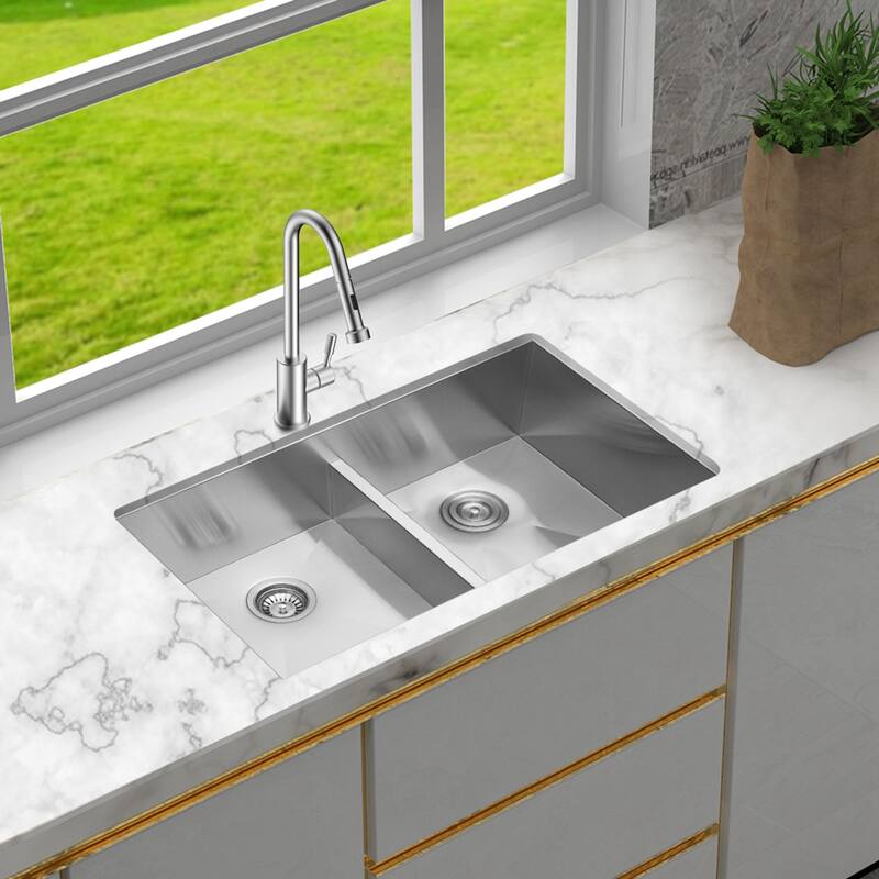 LowDivide Undermount Double Bowl Stainless Steel Kitchen Sink On