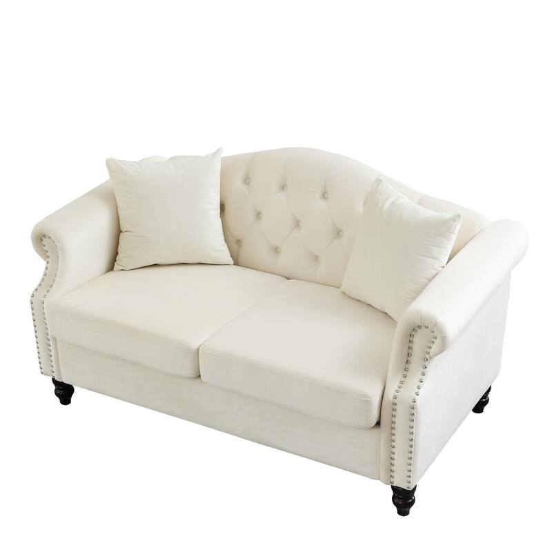 Chesterfield Velvet Sofa, Upholstered Loveseat Sofa with 2 Pillows, Tufted 2 Seater Sofa with Rolled Arms & Nailhead Trim