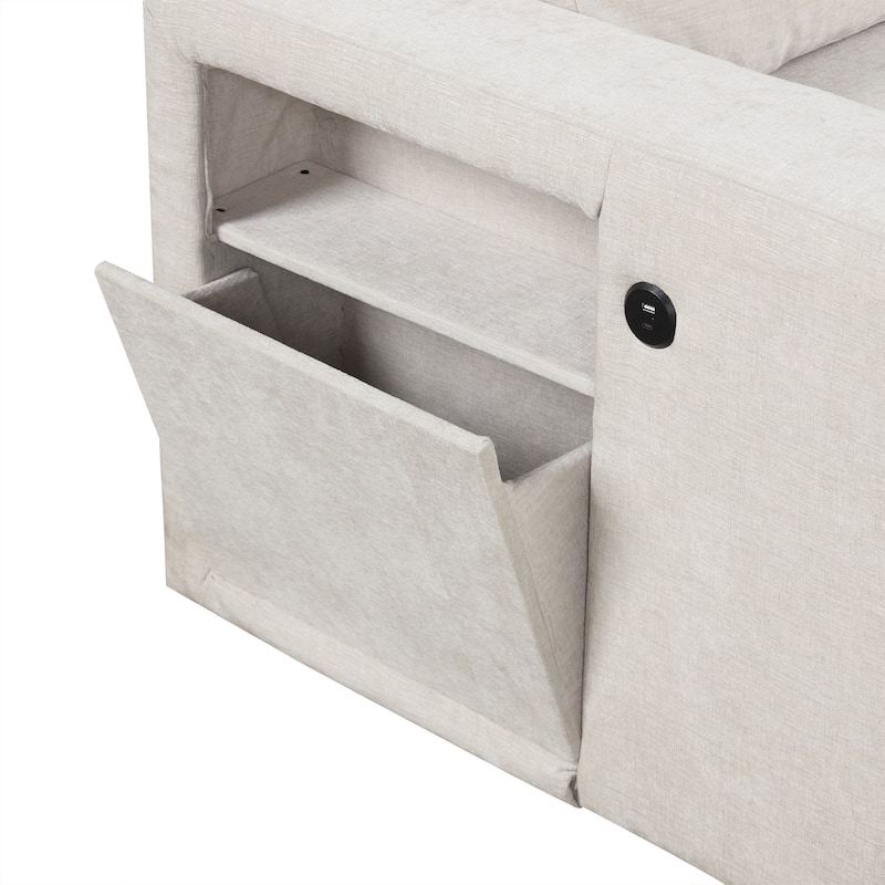 Convertible Sleeper Sectional Sofa with Pull-Out Bed & Storage, L-Shape Modular Sofa with Ottoman, USB Ports & Cup Holders