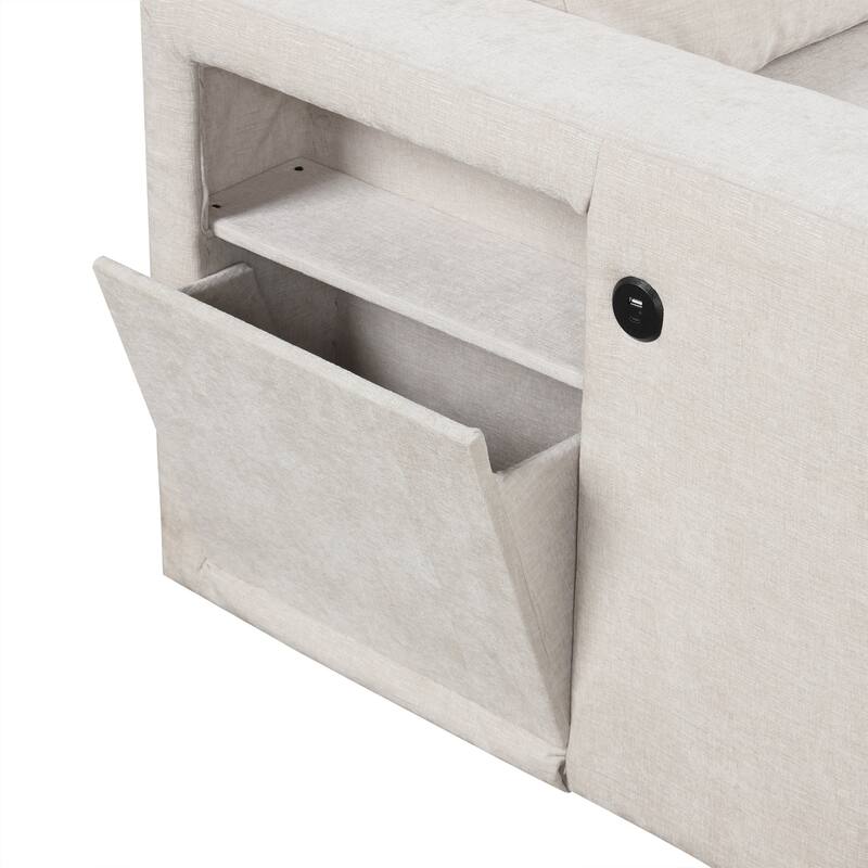 L-shaped Padded Modular Sofa with Storage, USB, Cup Holders, Beige Polyester for Living, Office, Apartment