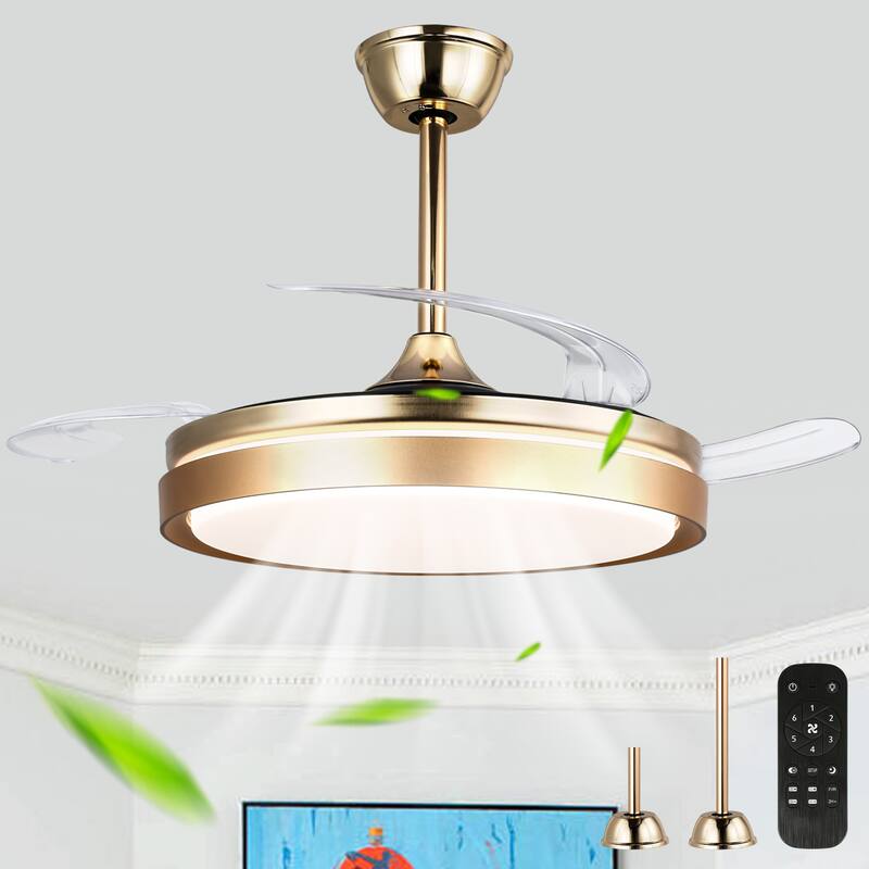 Cusp Barn 42 Inch Retractable Ceiling Fan with Lights, Modern Silent DC Motor 6 Speeds Chandelier Ceiling Fan for Bedroom