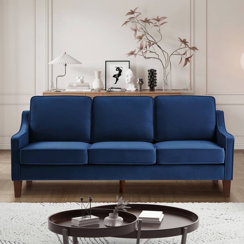 Modern 74" Velvet 3-seater Upholstered Sofa with Scooped Armrest and Removable Cushions for Living Room - Navy