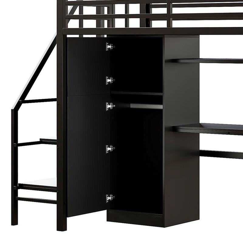 Full-Size Metal Loft Bed with Built-in Wardrobe, L-Shaped Desk, Charging Ports, and Multi-Layer Storage Shelves