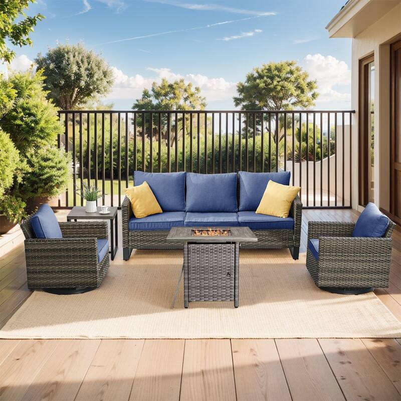 Outdoor Pocassy Sofa Chairs Set with Fire Table - Grey Wicker Blue Cushion - 5 Piece