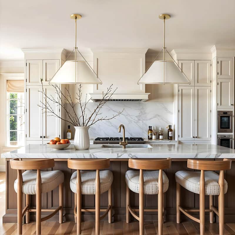 Lumina Modern Pendant Light - Metal, Fabric & Gold, Ivory White Cone Light Fixture For Modern, Coastal, Minimalist Room Decor