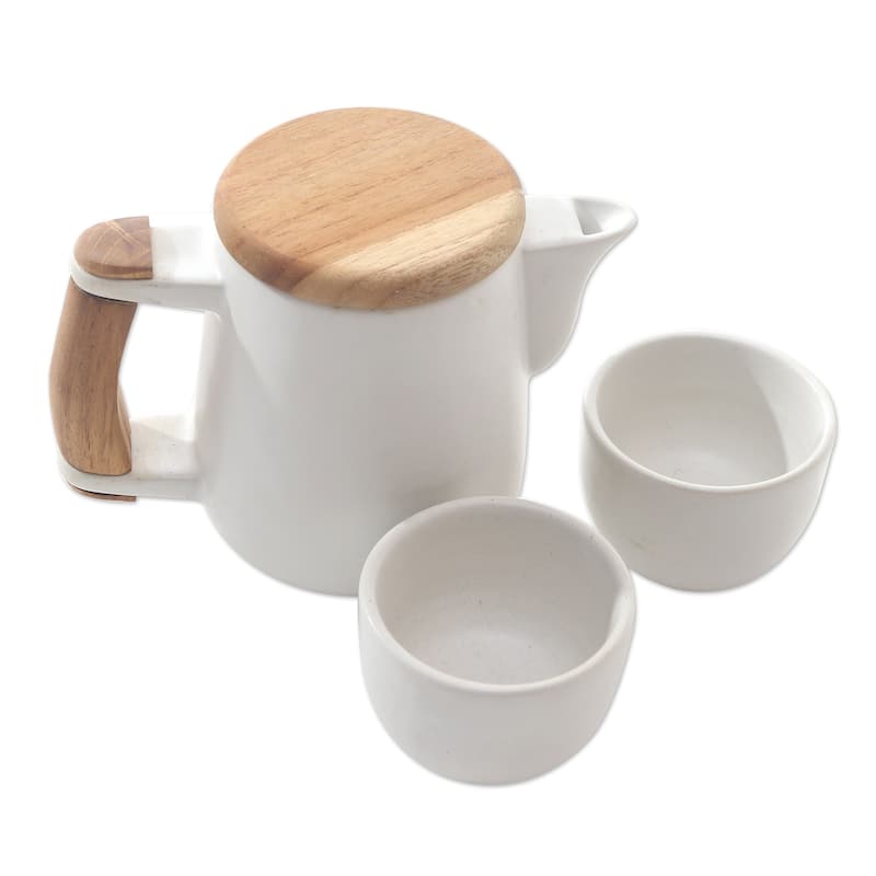 Novica Handmade Midday Tea In White Ceramic And Teak Wood Tea Set (Set For 2)