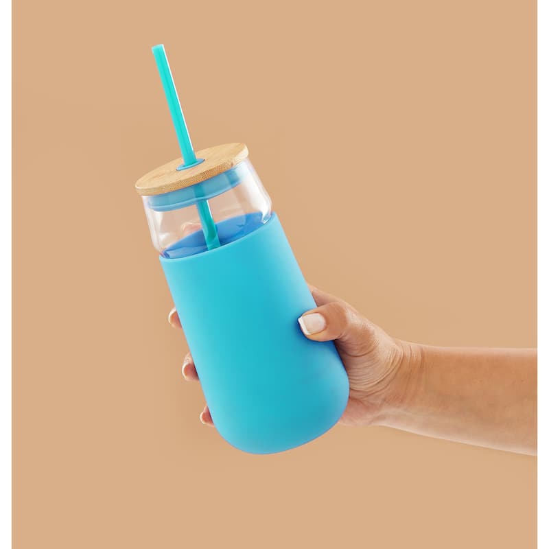 JoyJolt Glass Drinking Cup, Tumbler with Straw & Non Slip Silicone Sleeve - 20 oz - 20 oz