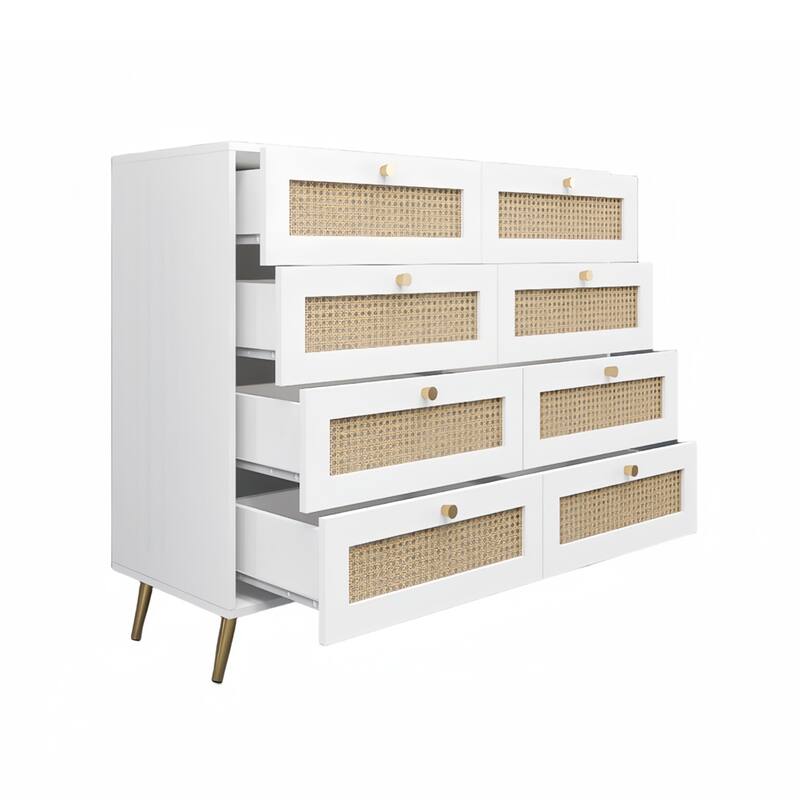 Wood 8 Drawers Rattan Chest of Drawers with Golden Legs and Handles