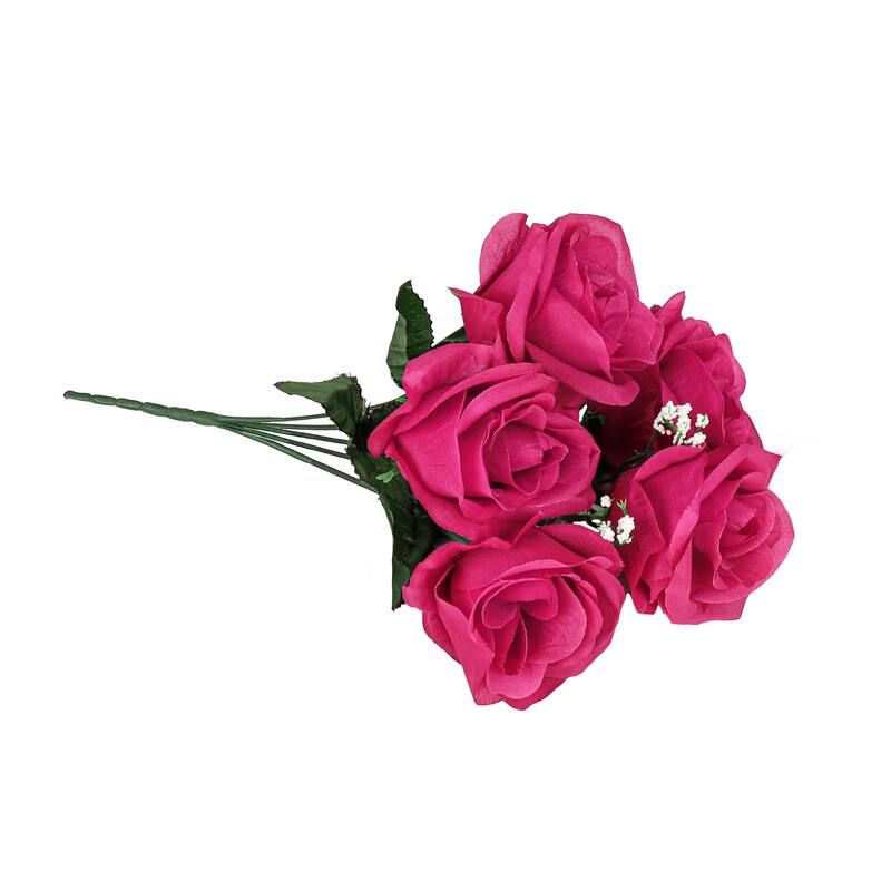 Set of 12 Hot Pink Artificial Open Rose Flower Stem Bush Bouquet 14in - 14" L x 7" W x 7" DP