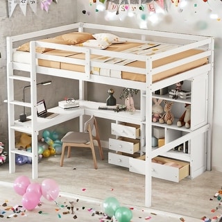 Full Size Loft Bed with Desk,Storage Shelves and Drawers