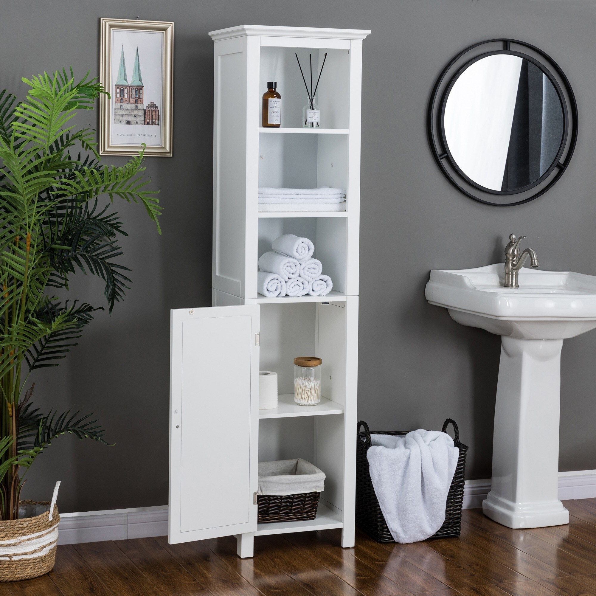 Homesailing EU Bathroom Tallboy Cabinet Floor Standing Corne Wooden Cupboard with 3-Tier Storage Shelf Modern White Sideboard Cabinet for Bathroom 